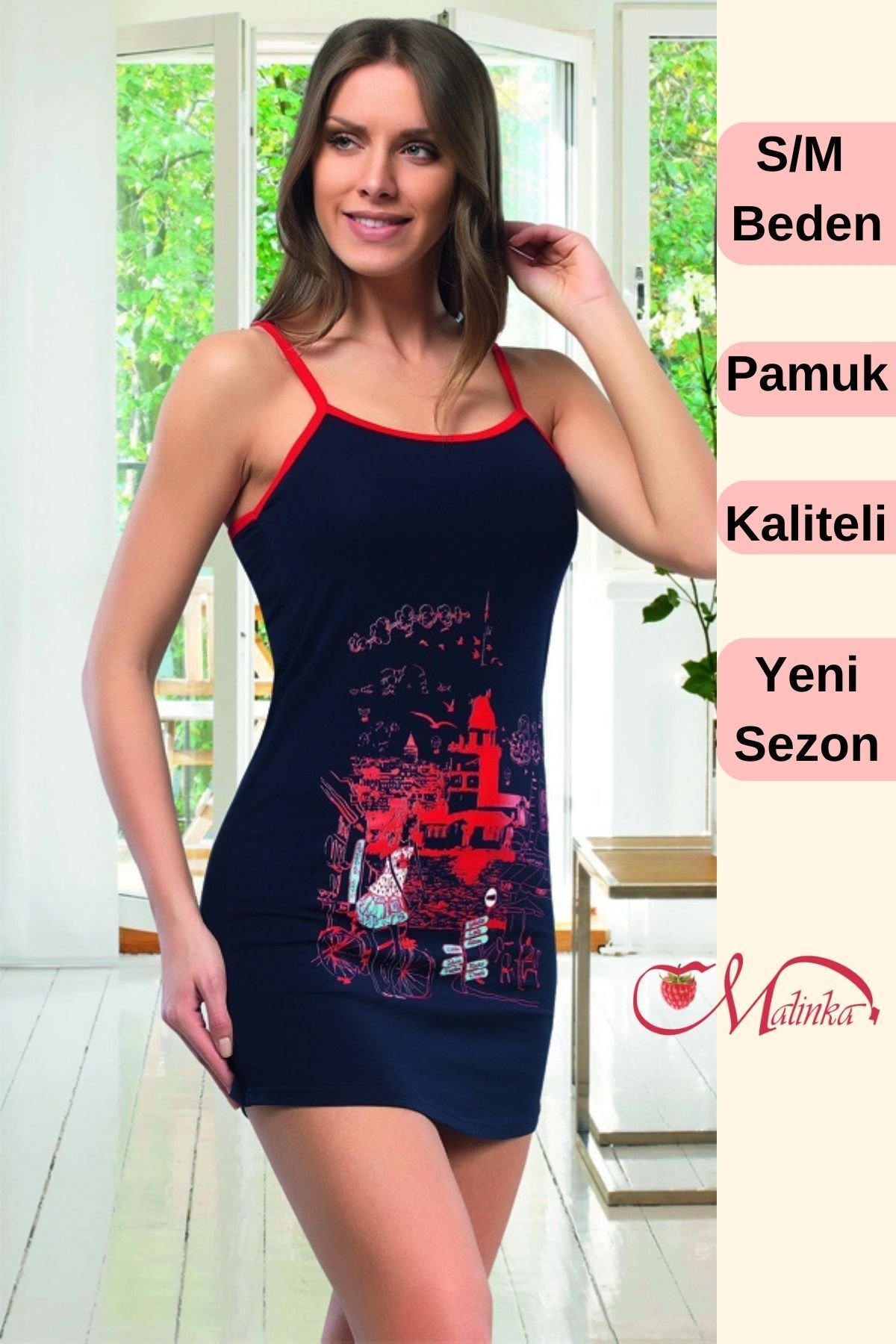 Malinka Yeni Pembe Yeşil Lacivert Askılı Kısa Etekli Pamuk Pijama Takımı Sabahlık Gecelik Hediye