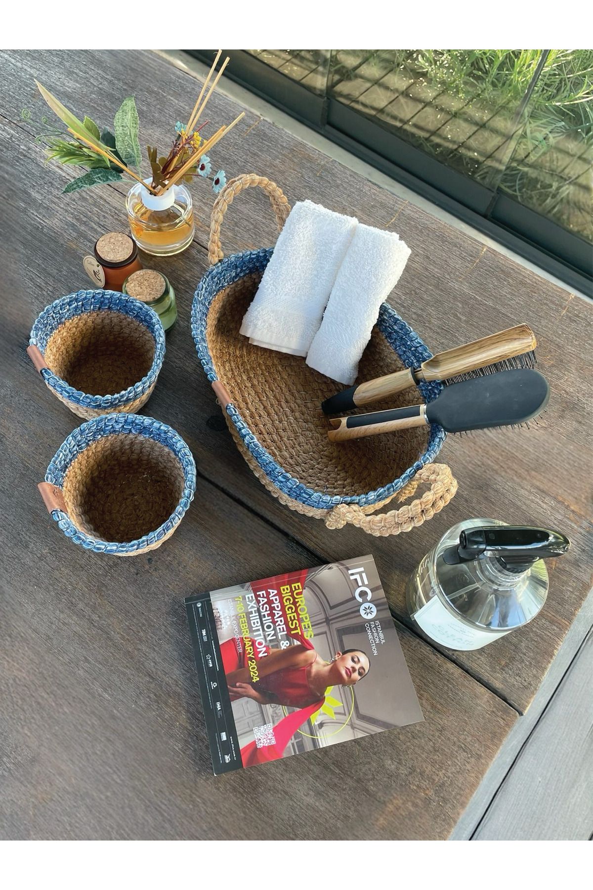 homeınn 3'lü Düzenleyici Sepet Set Leke Tutmaz Mavi -Natural