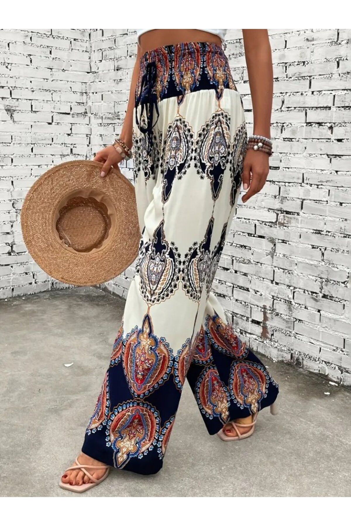 fh fashionhere Kadın Yüksek Bel Gipeli Belinden Bağcıklı Baskılı Keten Pantolon