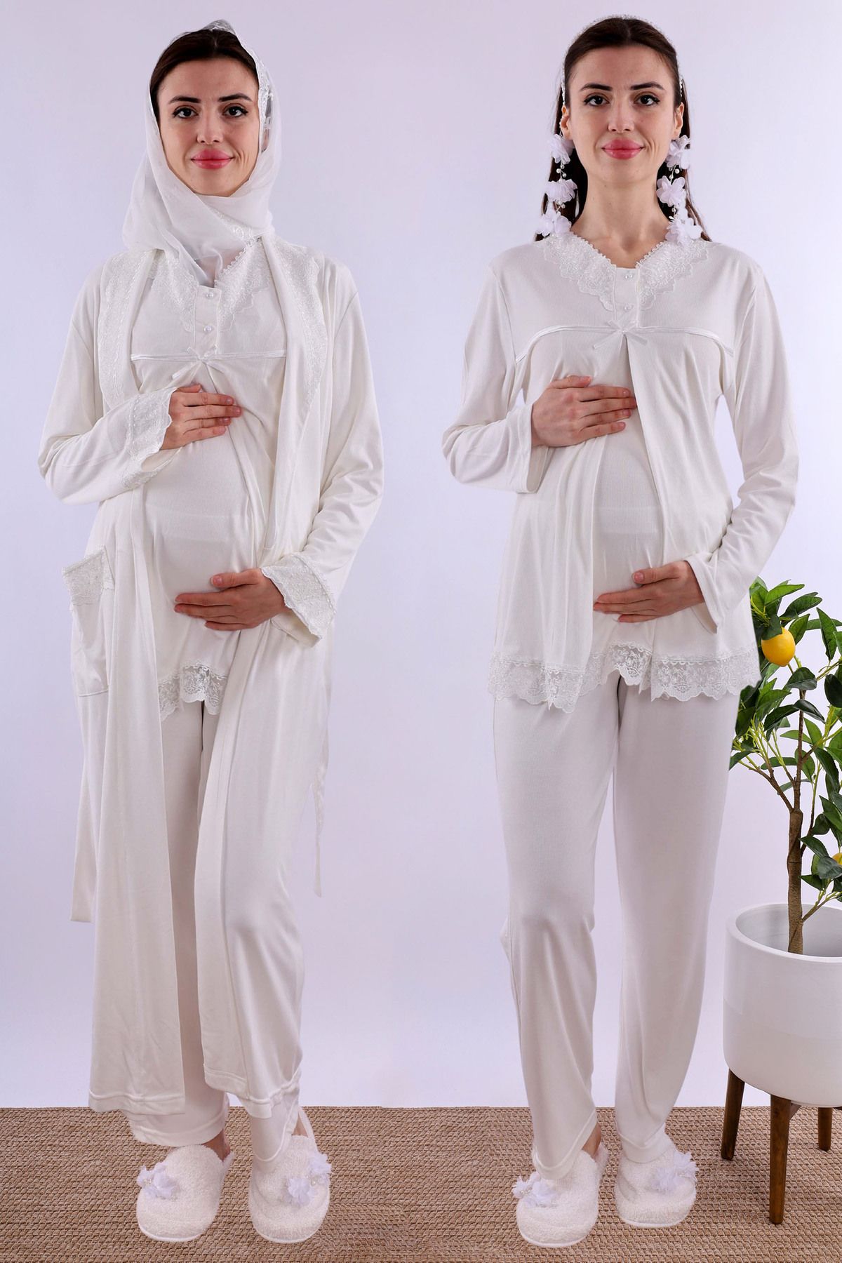 ByLohusa Effortt Ekru Tesettürlü Sabahlıklı Hamile Lohusa Pijama Takımı Byl2t40342