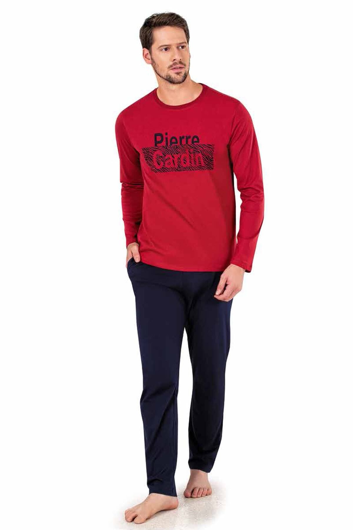 Pierre Cardin Pamuk Uzun Kol Yuvarlak Yaka Pijama Takım, Yazı Baskılı Cepli Erkek Pijama Takım