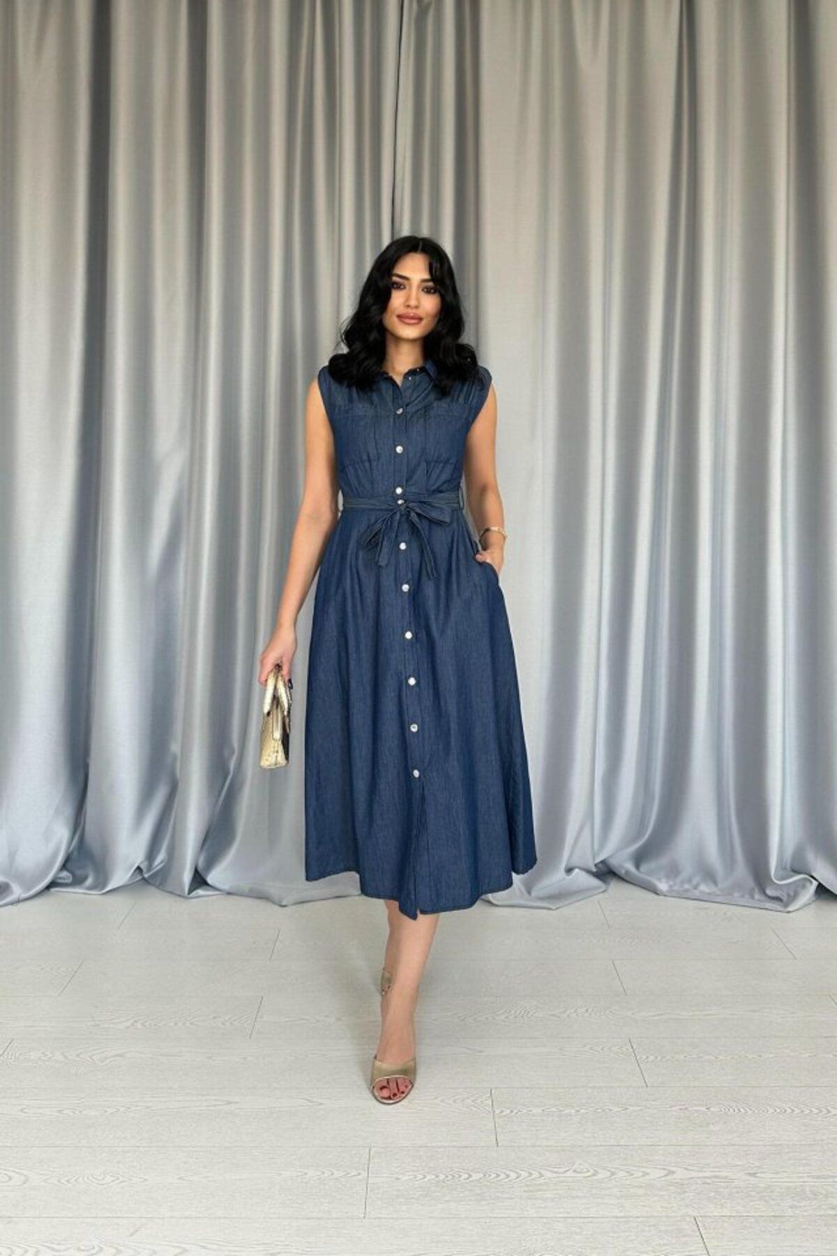 velmorafashion Mavi Çıtçıtlı Elbise