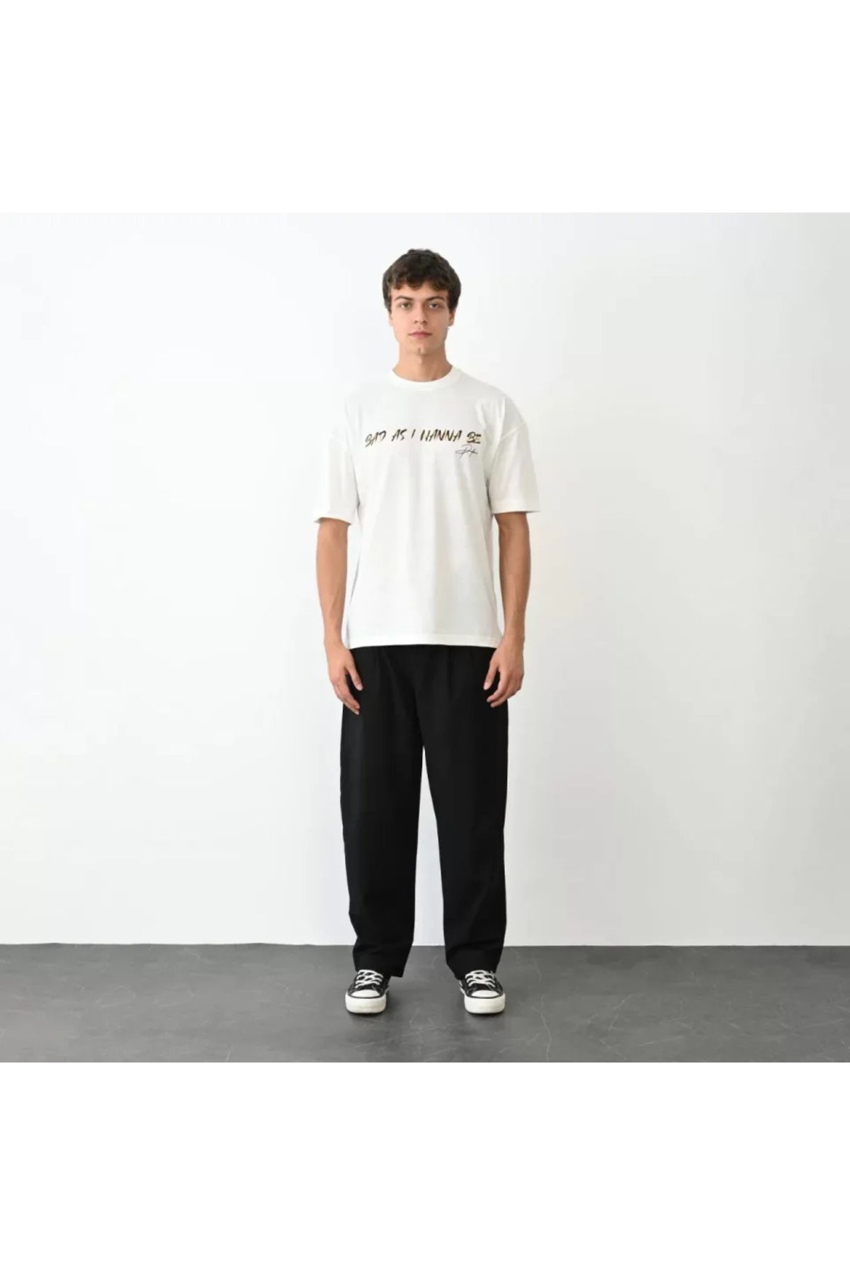 vivenza Unisex Bisiklet Yaka Baskılı Oversize T-Shirt - Beyaz
