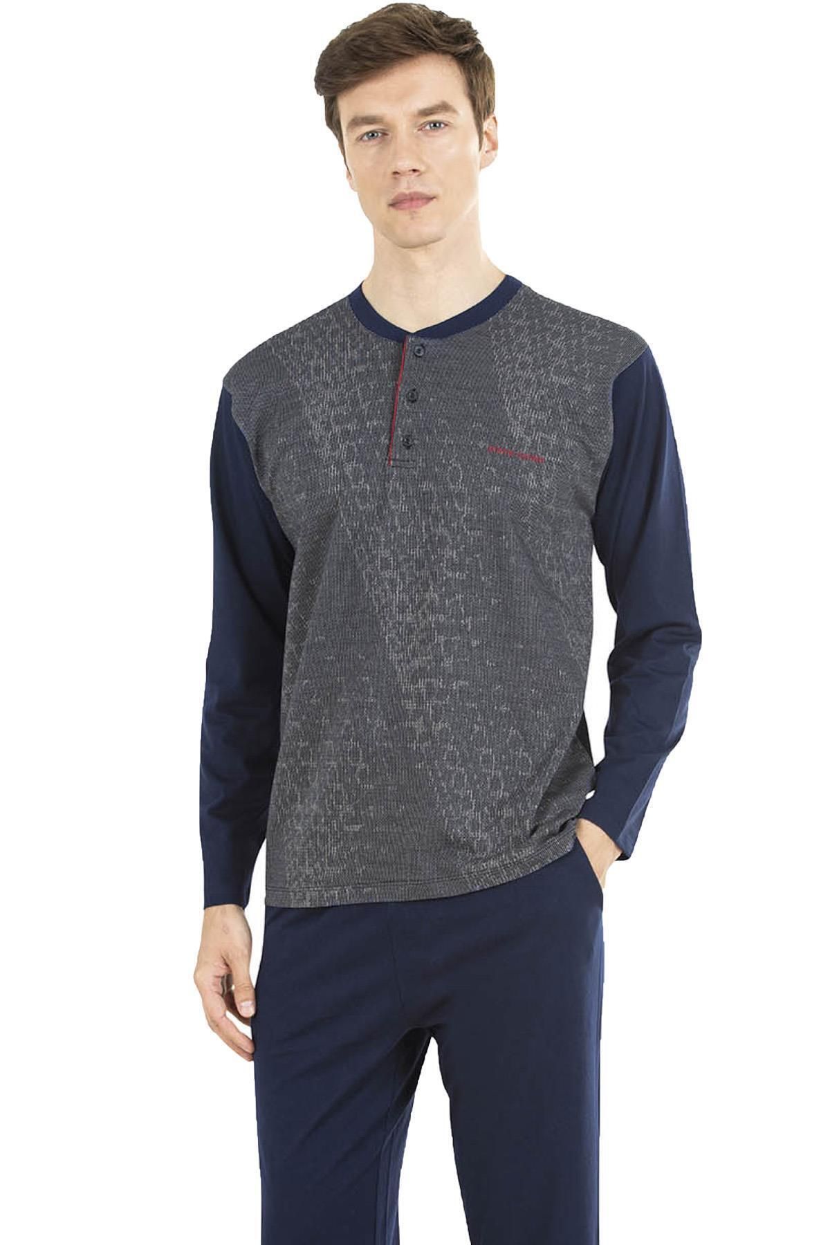 Pierre Cardin %100 Pamuklu Jakarlı Kutulu Erkek Pijama Takım, UZunkol Düğmeli Yaka Çeyize Uygun Pijama Takım