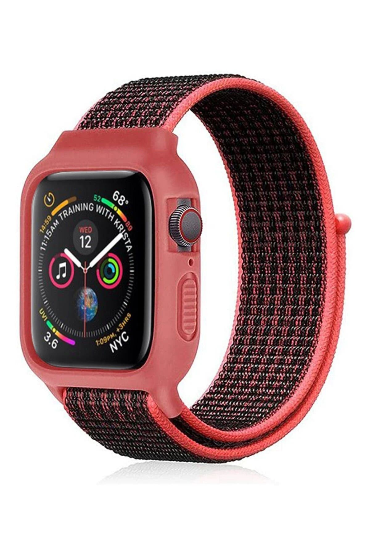 NewFace Apple Watch 38mm Hasırlı Cırtcırtlı Kasalı Kordon - Siyah-Pembe INSLM