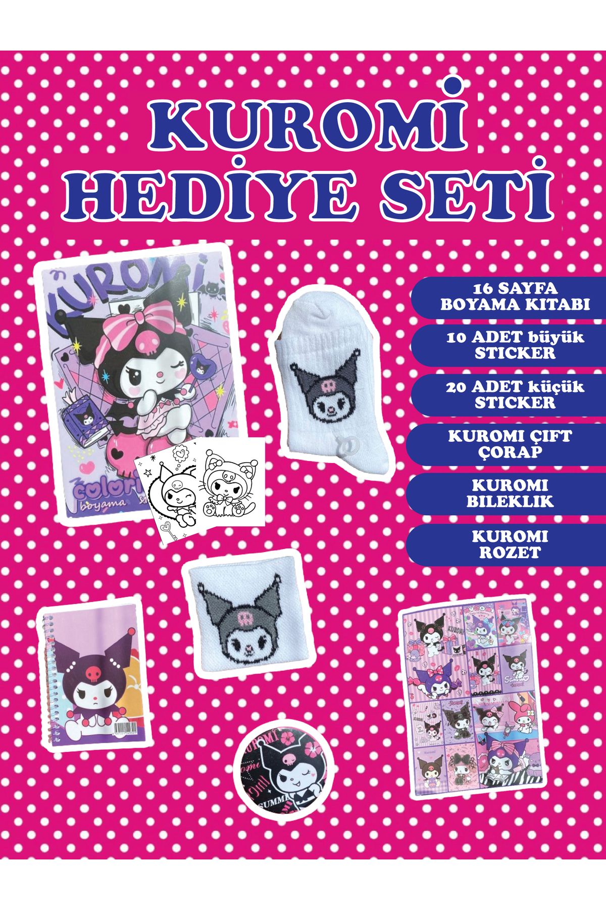 GiginGo Kuromi SÜPER Hediyelik Set - Kuromi Boyama Kitabı - Çorap - Bileklik - Defter - Rozet - Sticker