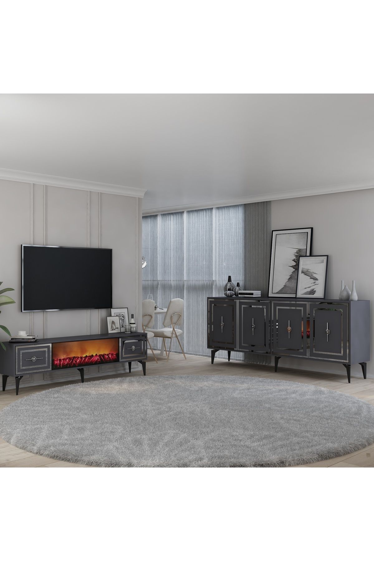 DemonteHome SAMBADH KONSOL (KX180), ŞÖMİNELİ (B) TV SEHPASI 2Lİ SALON TAKIMI ANTRASİT-GÜMÜŞ
