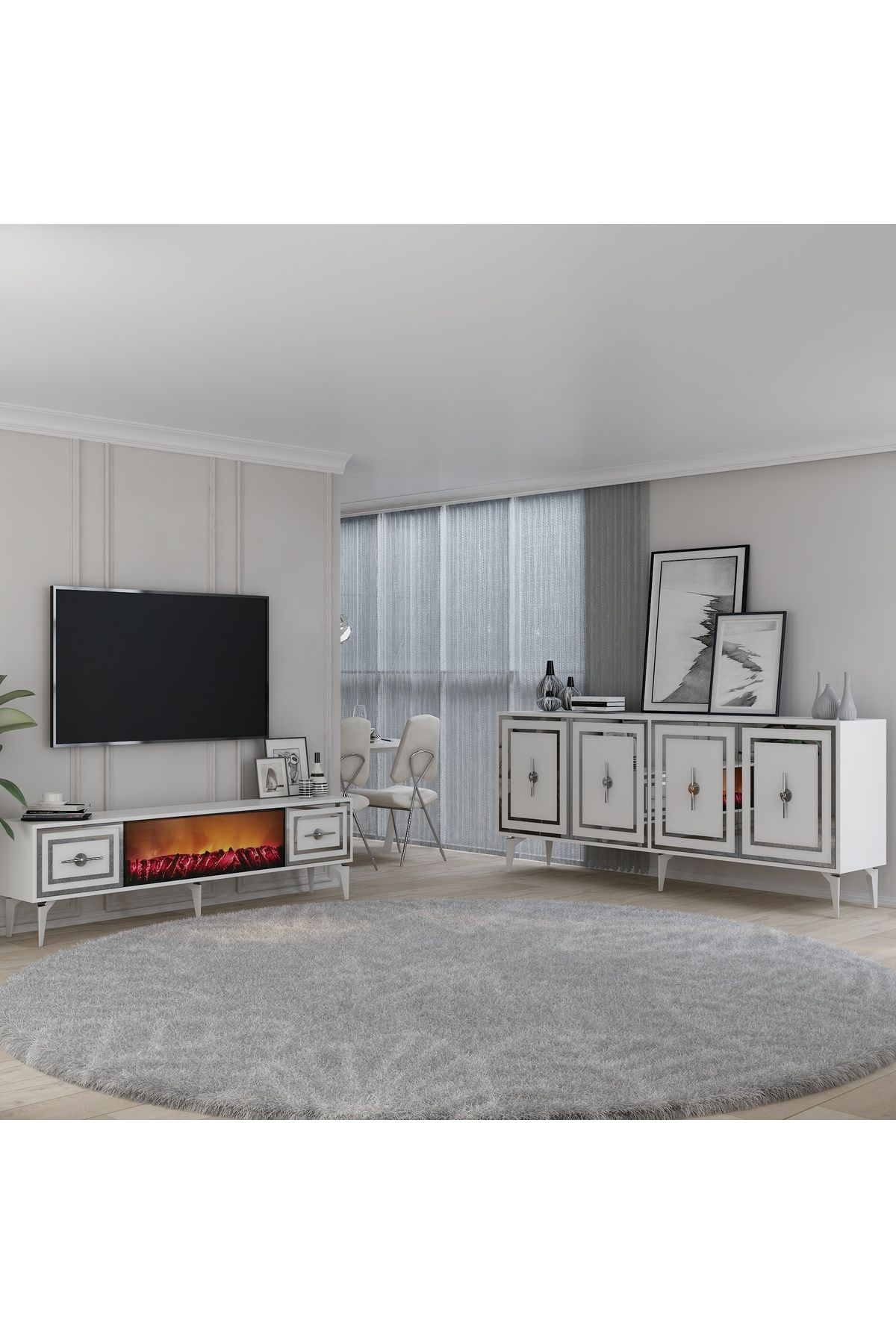 DemonteHome SAMBADH KONSOL (KX180), ŞÖMİNELİ (B) TV SEHPASI 2Lİ SALON TAKIMI BEYAZ-GÜMÜŞ