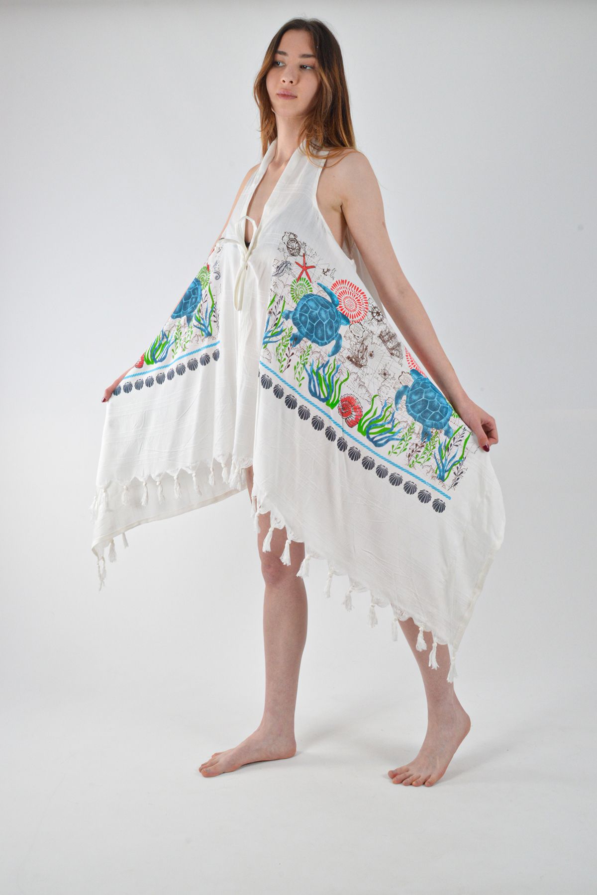 REİNA TEKS-Asymmetrical Viscon Bell Vest Turtle Print Cotton Beachwear 1 Pcs Pareo Beachwear 4