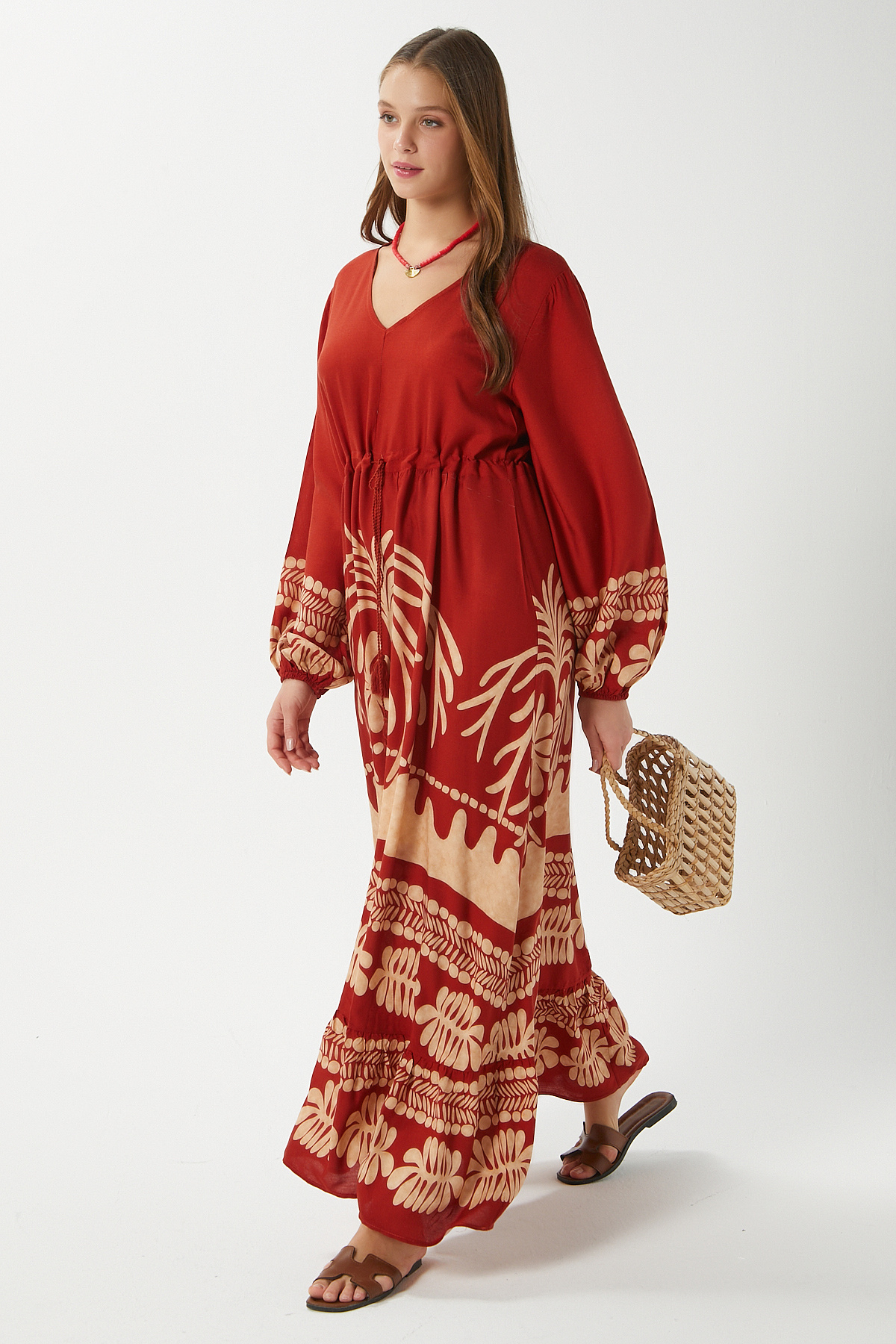 Ritnice-Modest Women's Honey Cinnamon Waist Gathered 100% Viscose V-Neck Long Summer Dress 3