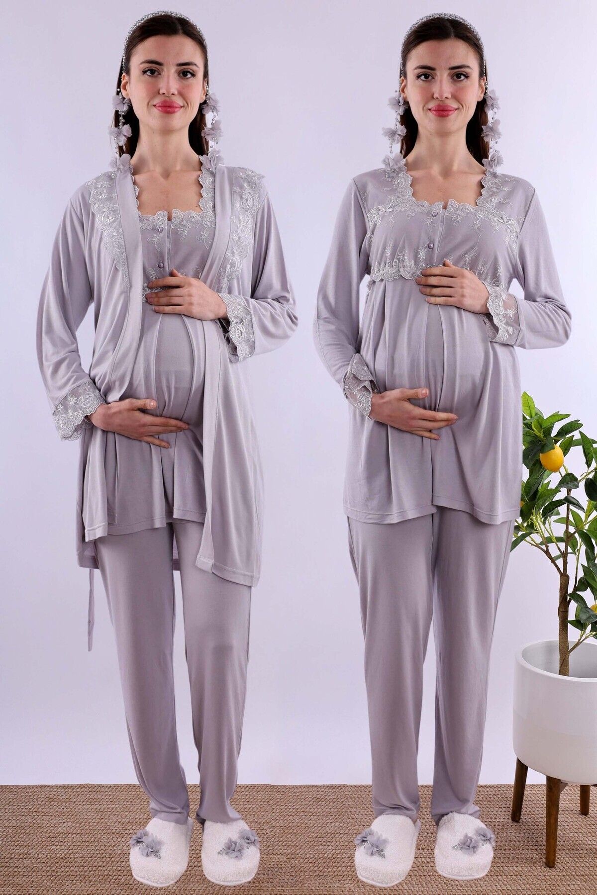 ByLohusa Effortt Gri Sabahlıklı Hamile Lohusa Pijama Takımı Byl224012