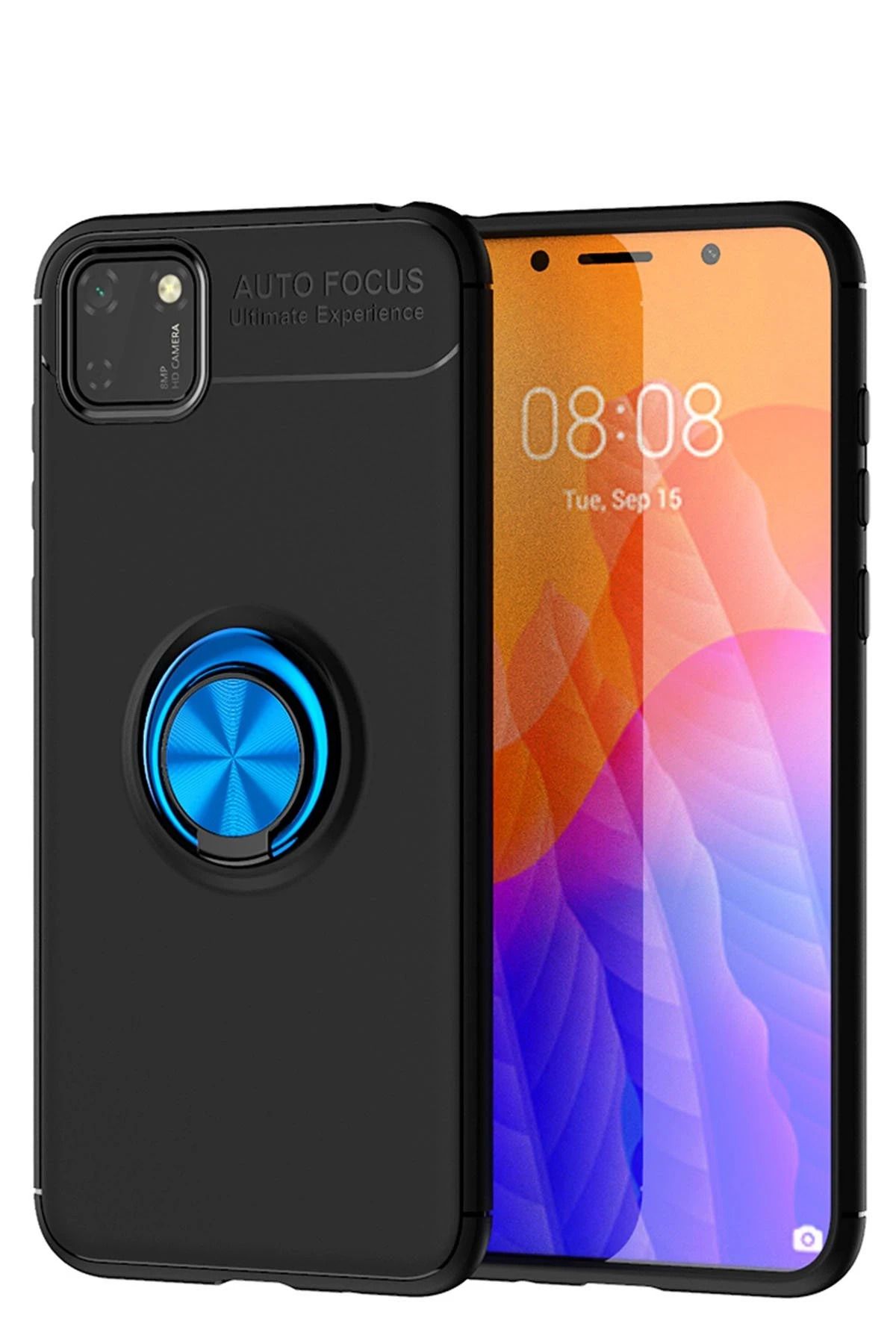 NewFace Huawei Y5P Kılıf Range Yüzüklü Silikon - Siyah-Mavi FERRG