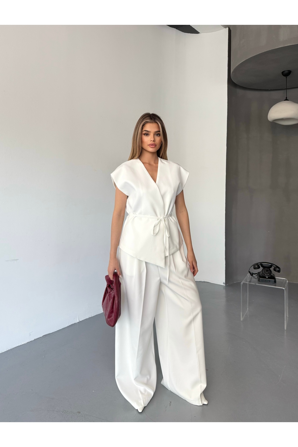 Cappmoda-Tkm-03676 White Padded Vest Palazzo Trousers Polyviscon Fabric Double Suit 8
