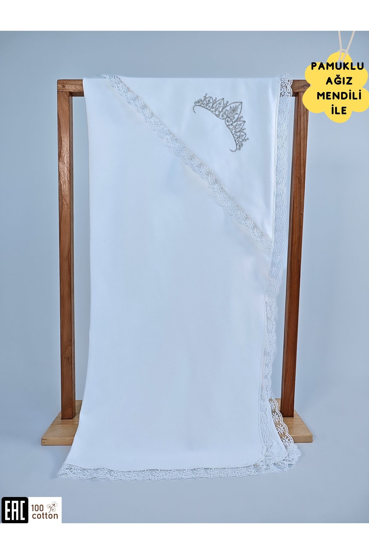 Tomuycuk Ekru %100 Pamuklu Kız Bebek Battaniyesi Nakışlı Dantelli Puset Örtüsü Hediyelik Yenidoğan 90x90cm