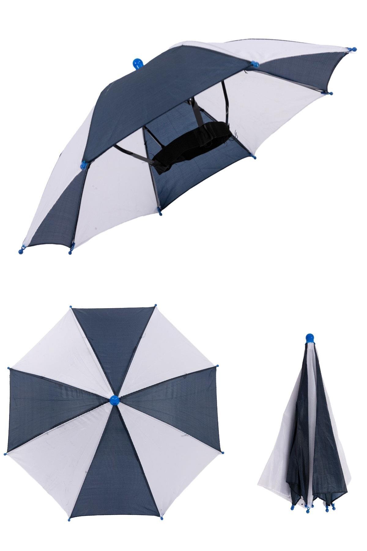 Marlux Kafaya Takılan Şapka Şemsiye Gölgelik Plaj Yazlık Kafa Şemsiyesi Lacivert Beyaz KAFASEMS001BW