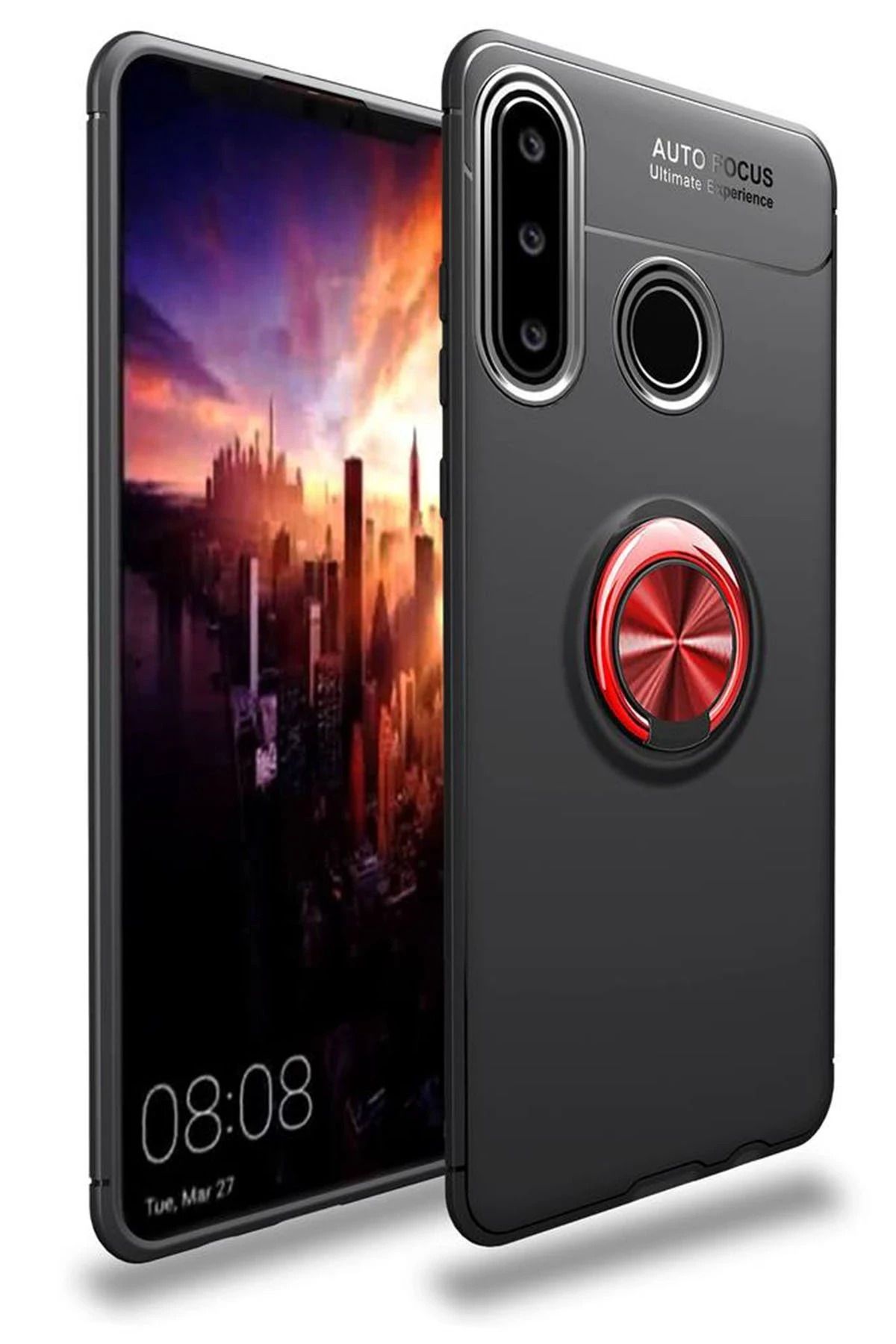NewFace Huawei Y6P Kılıf Range Yüzüklü Silikon - Siyah-Kırmızı HNZRN