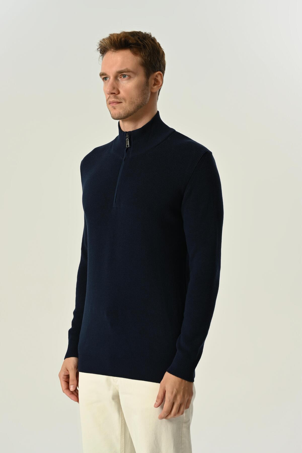 MFY Fashion-Men's Half Zipper Thessaloniki Knitted Sweater 100% Cotton Navy Blue 2