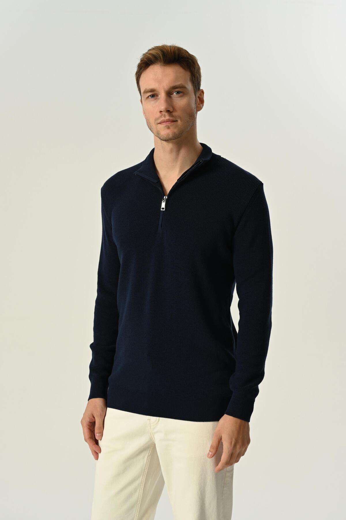 MFY Fashion-Men's Half Zipper Thessaloniki Knitted Sweater 100% Cotton Navy Blue 3