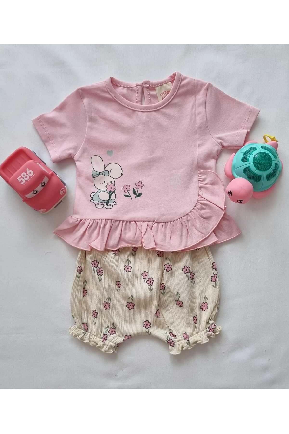 BABYSHMER %100 Pamuklu Pembe Body - Papatya Desenli Şortlu Kız Bebek Takım