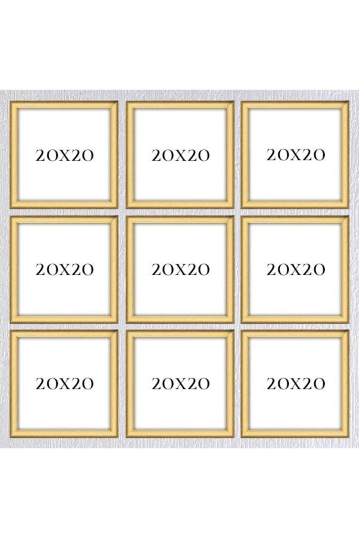 Elioure Şık 9'lu 20x20 PVC camlı altın tonlu dekoratif çerçeve seti