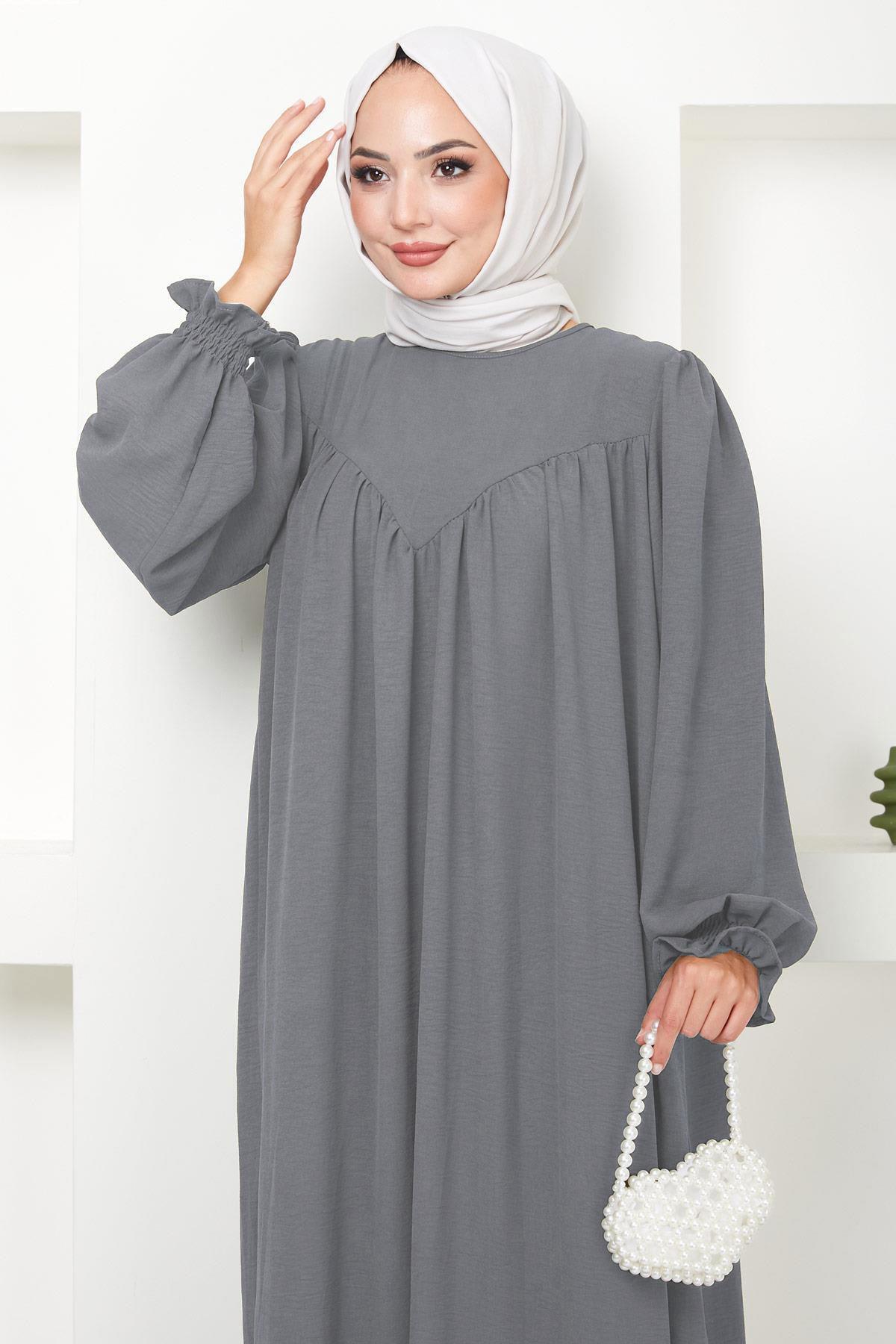 hafsamina-Gathered Robe Dress Gray Hm2501 6