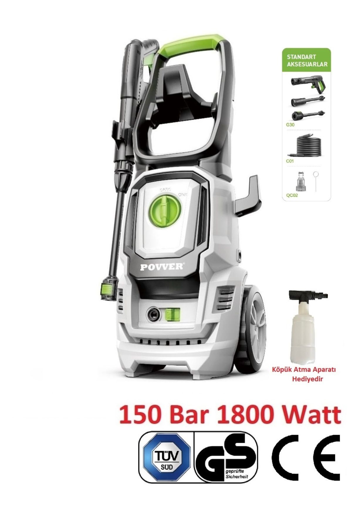 POWER Profesyonel İndüksiyon Motorlu Yüksek Basınçlı Yıkama Makinası (1800 W-150 BAR) Köpük Aparatı