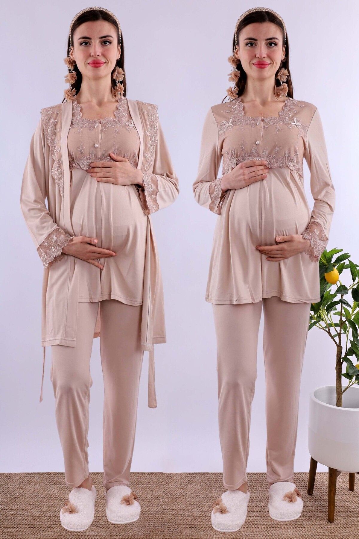 ByLohusa Effortt Kahverengi Sabahlıklı Hamile Lohusa Pijama Takımı Byl224012