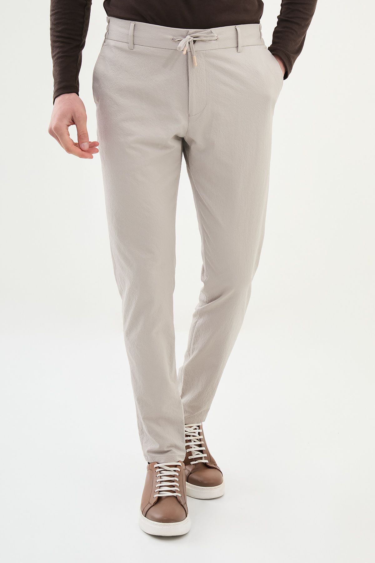 Mcr Gofreli Bej Super Slim Fit Beli Lastikli İpli Erkek Pantolon
