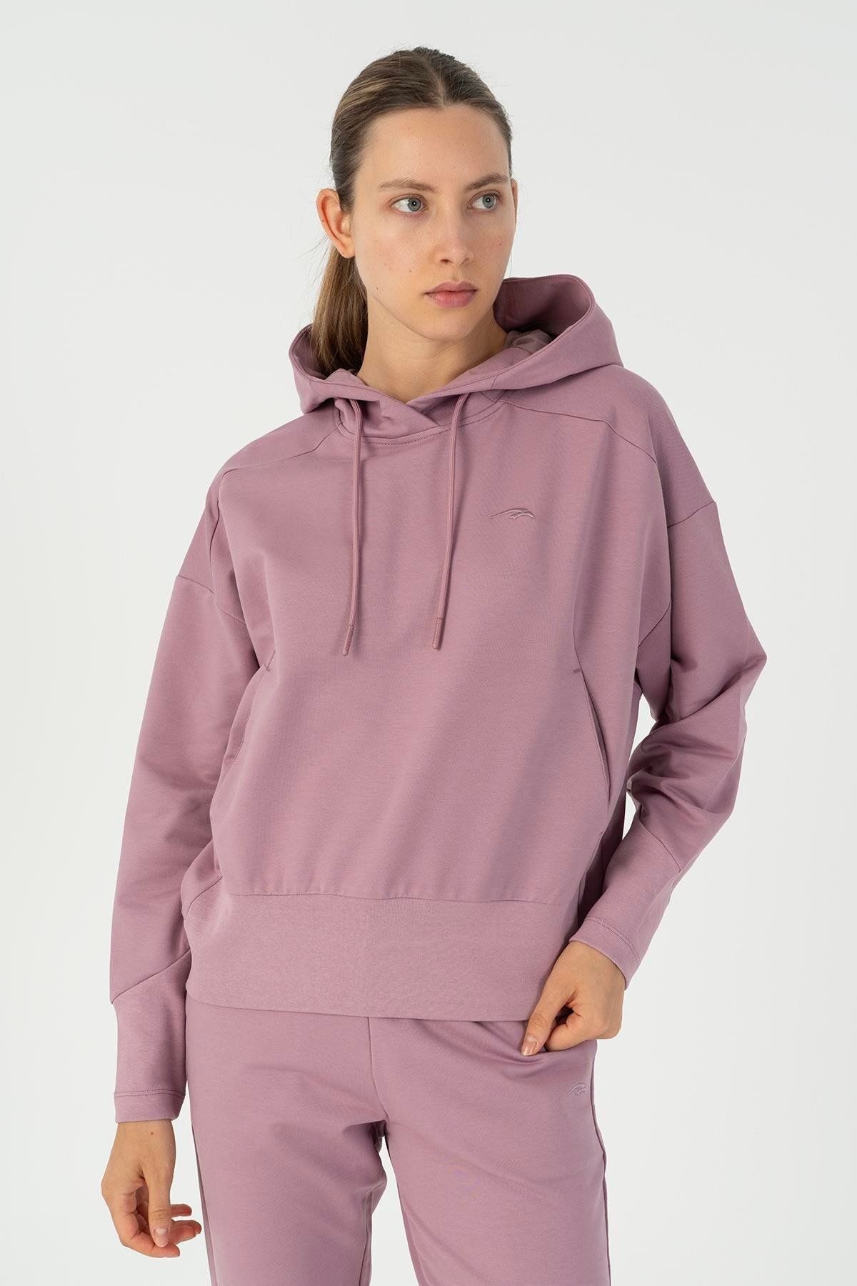 MARATON Oversize Kadın Kapşonlu Uzun Kol Lila Sweatshirt 23053