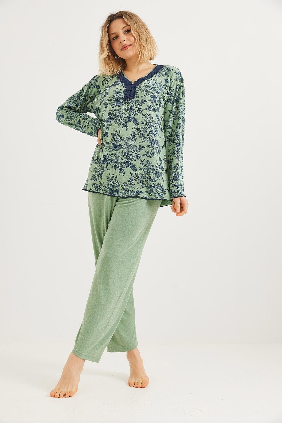 Raneel Kazançlı Alışveriş Yakası Dantelli Uzun Kollu Pijama Takımı Yeşil