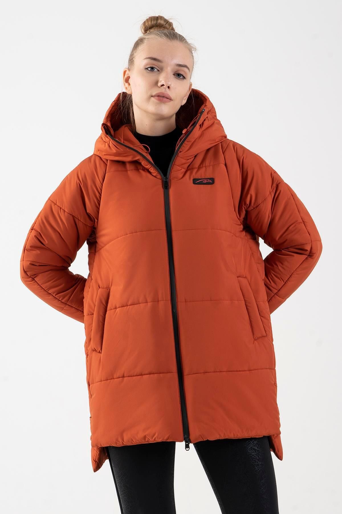MARATON Oversize Kadın Kapşonlu Uzun Kol Kiremit Mont 21903