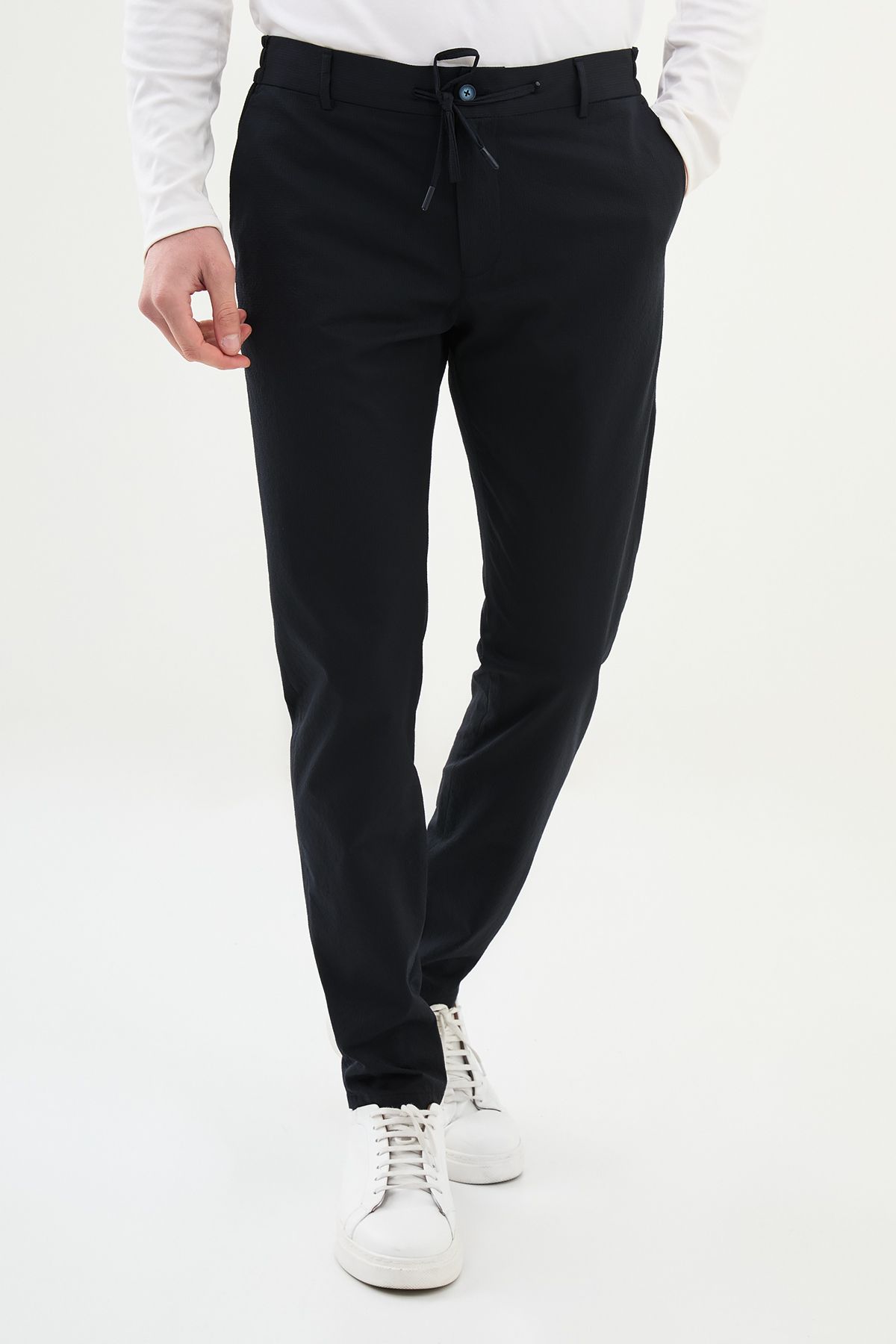 Mcr Gofreli Lacivert Super Slim Fit Beli Lastikli İpli Erkek Pantolon