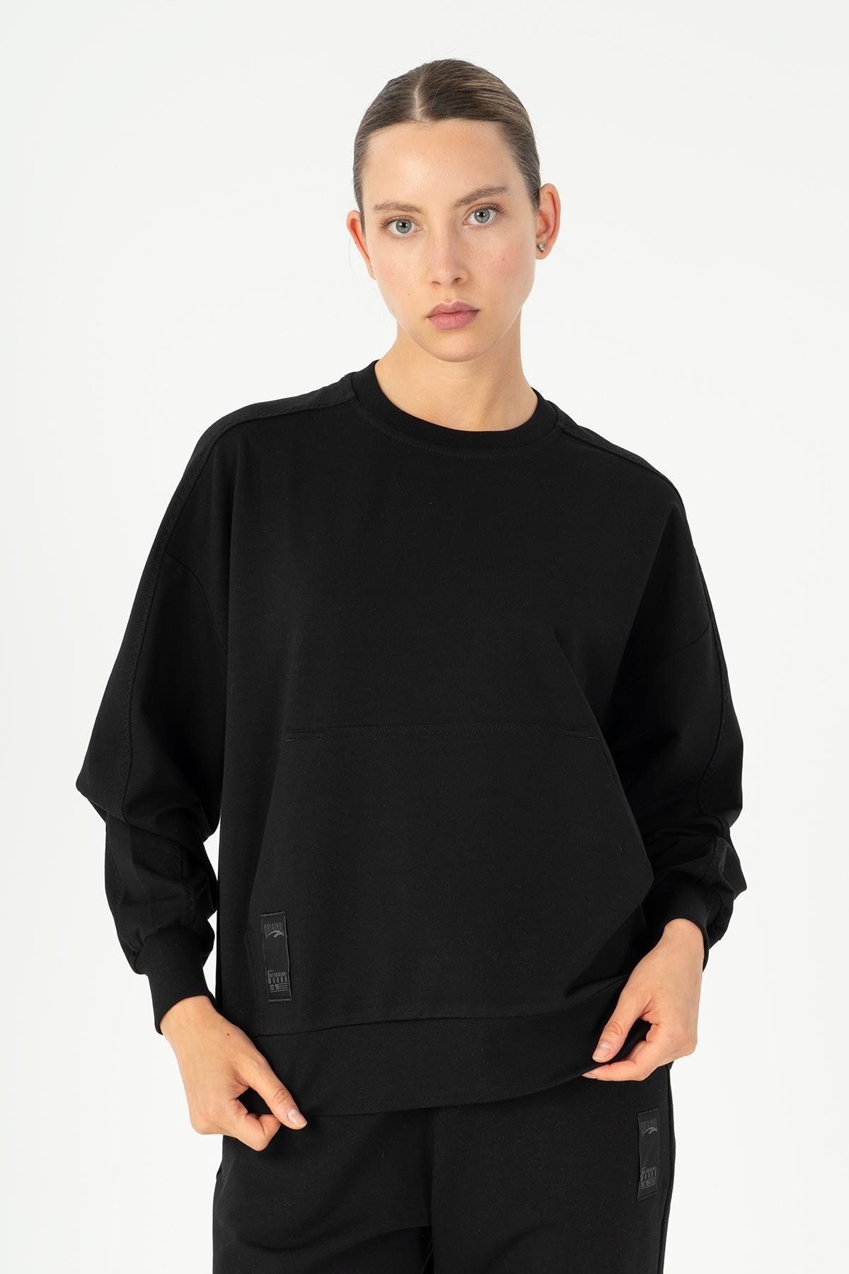 MARATON Oversize Kadın Bisiklet Yaka Uzun Kol Siyah Sweatshirt 23111