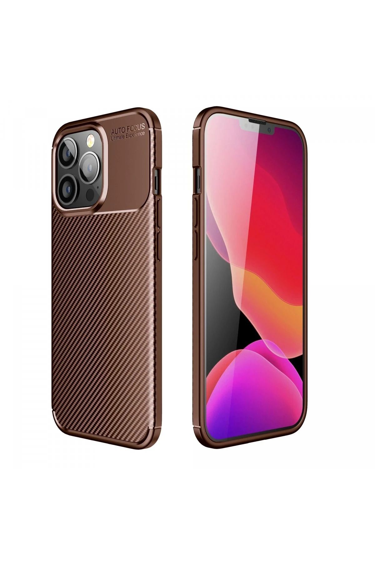 NewFace iPhone 13 Pro Kılıf Auto Focus Karbon Kapak - Kahverengi FERRG