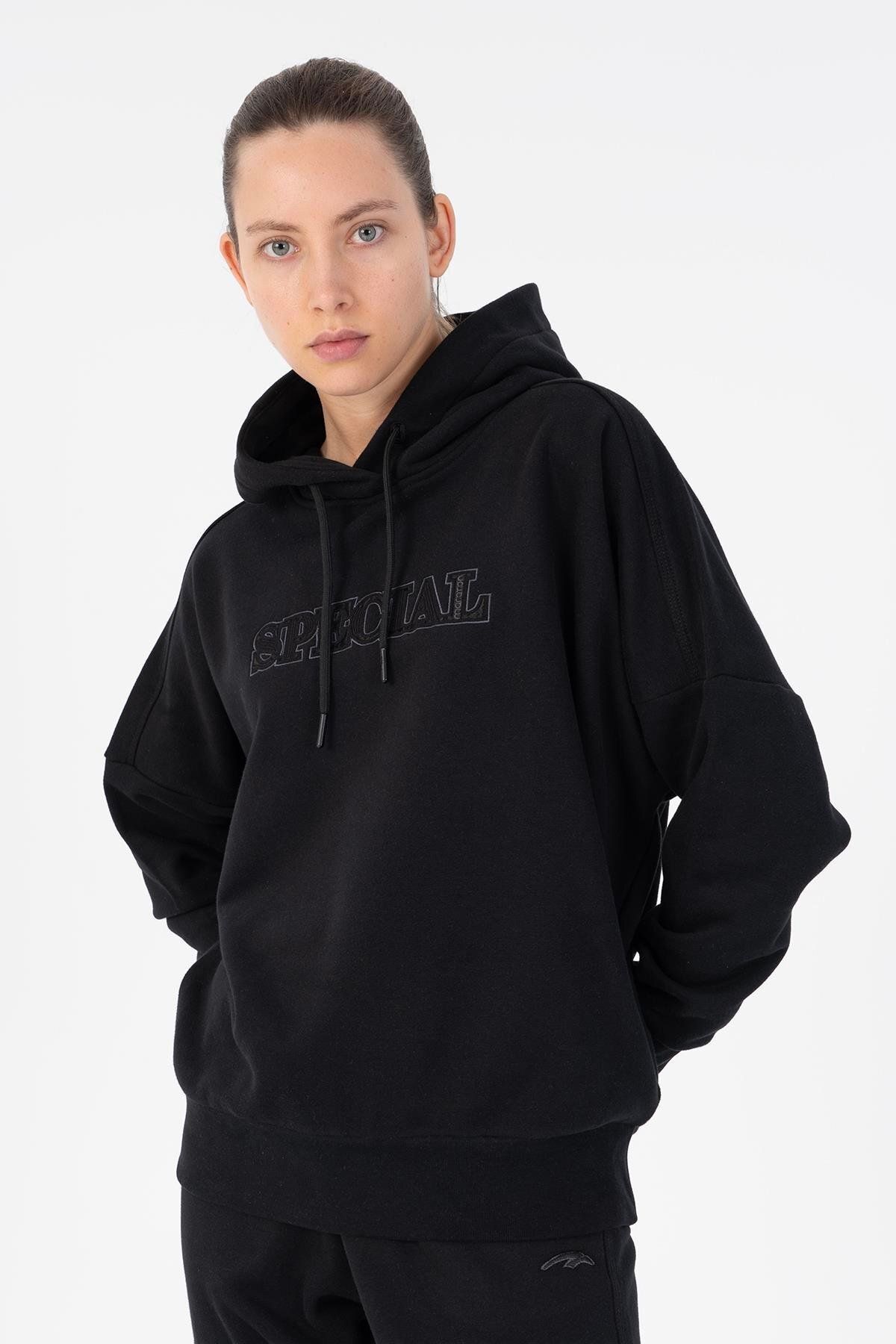 MARATON Oversize Kadın Bisiklet Yaka Uzun Kol Siyah Sweatshirt 22293