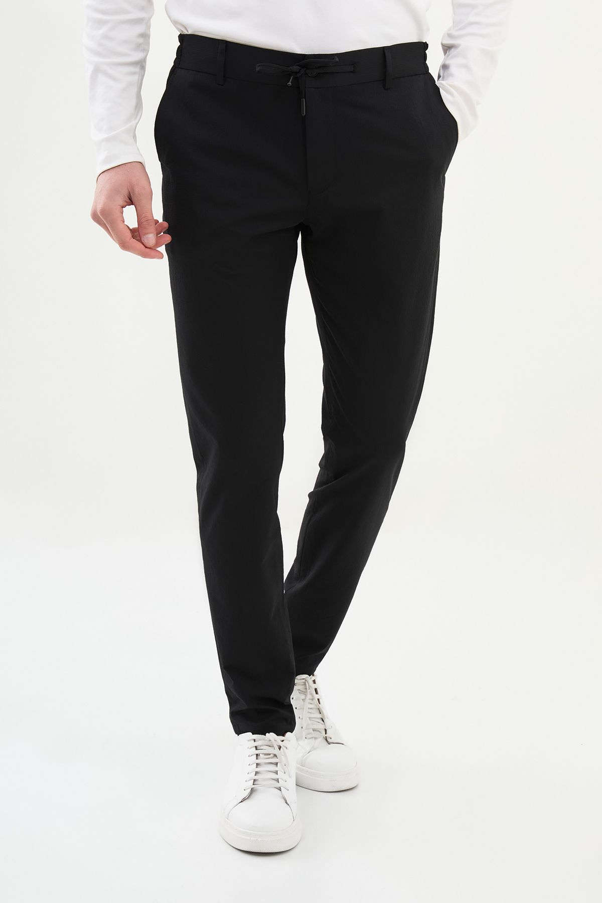 Mcr Gofreli Siyah Super Slim Fit Beli Lastikli İpli Erkek Pantolon