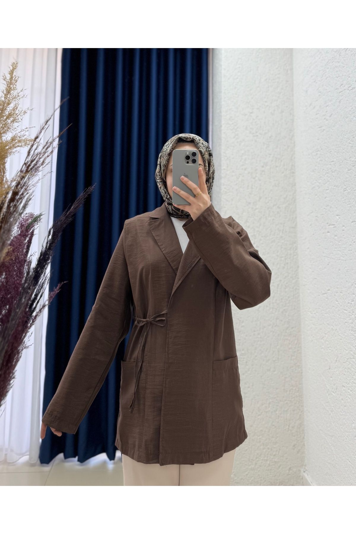 Ebrar Store Yelinda Bağlamalı Biyeli Ceket-BN8610 Kahve