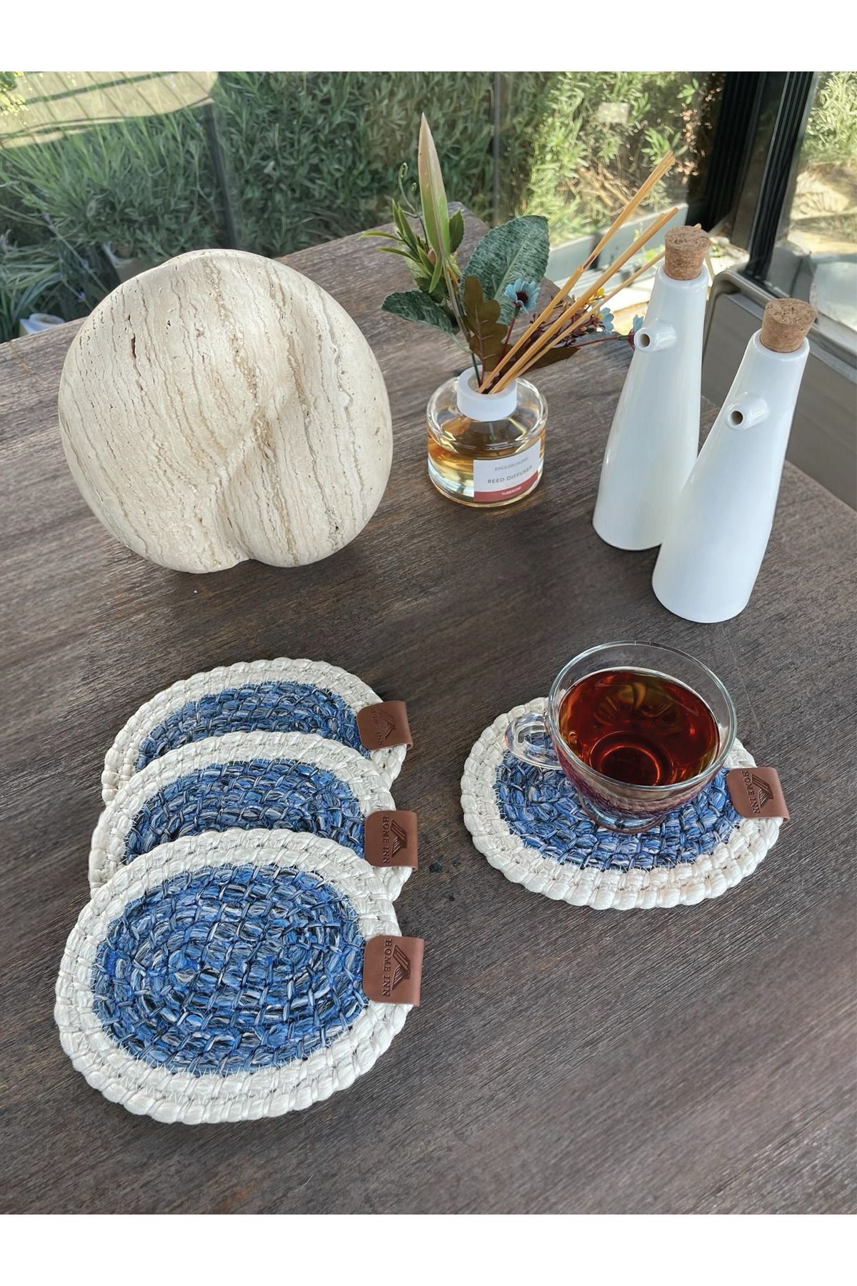 homeınn 4 Adet Oval Bardak Altlığı- Leke Tutmaz- Beyaz-Mavi 13x17 cm