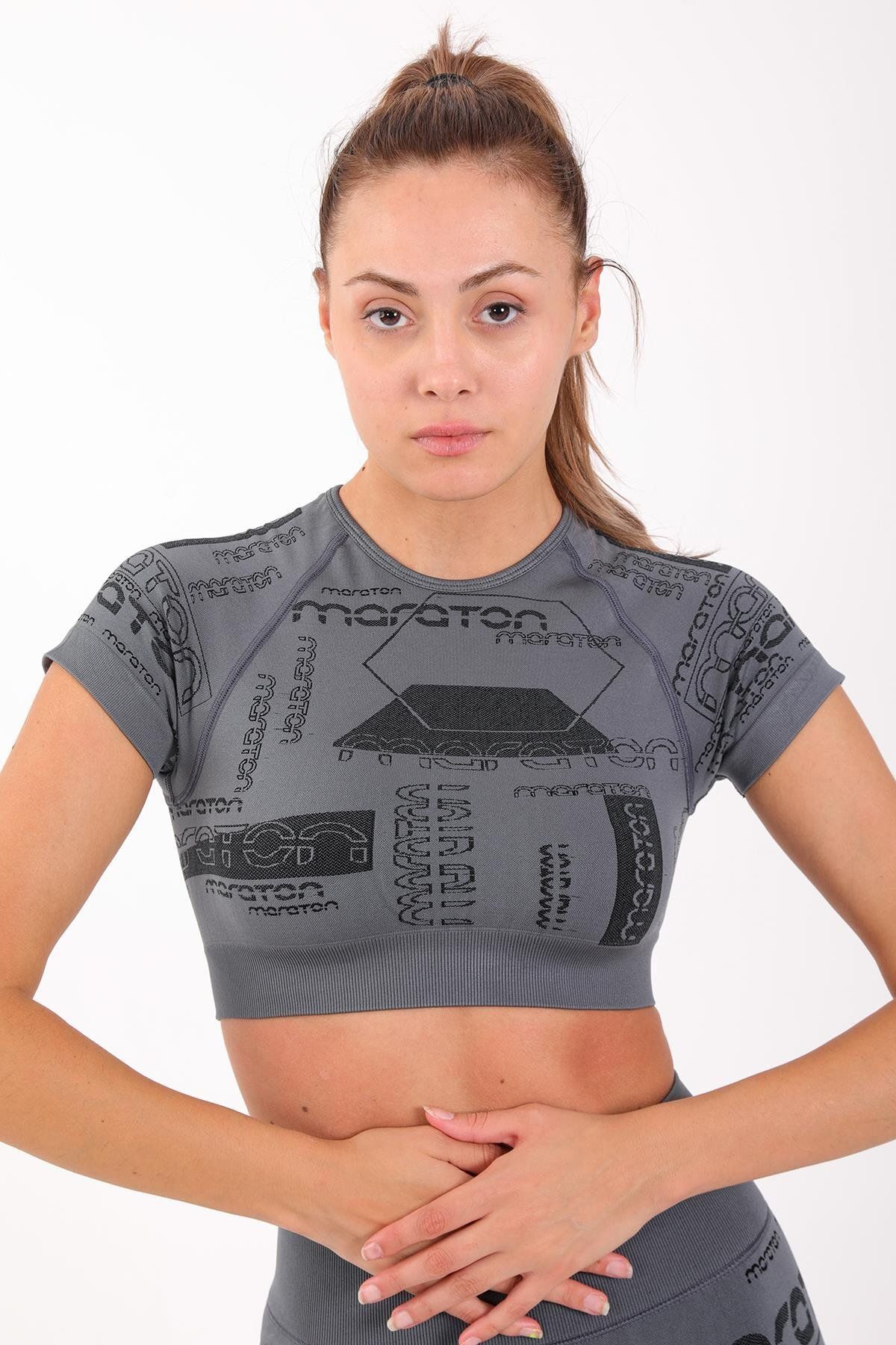 MARATON SlimFit Kadın Bisiklet Yaka Kısa Kol Antrasit Crop Top 811037