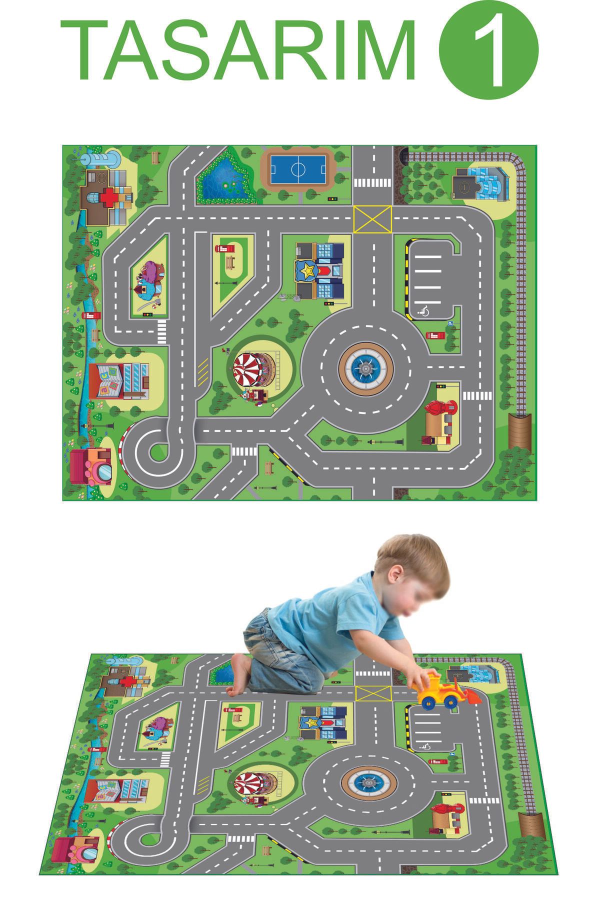 Baskı Madeni 100x75 Cm Çocuk Oyuncak Araba Yol Parkı - Çocuk Trafik Branda - Oyun Alanı Brandası [YIRTILMAZ]