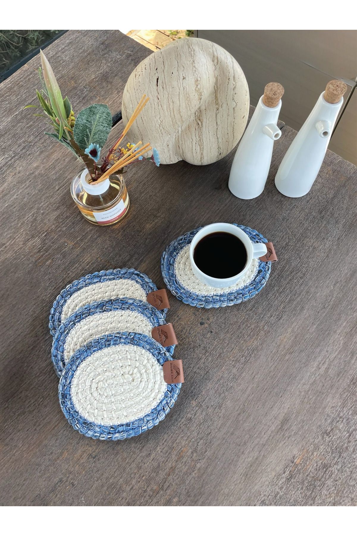 homeınn 4 Adet Yuvarlak Bardak Altlığı- Leke Tutmaz- Mavi-Beyaz 13x13 cm