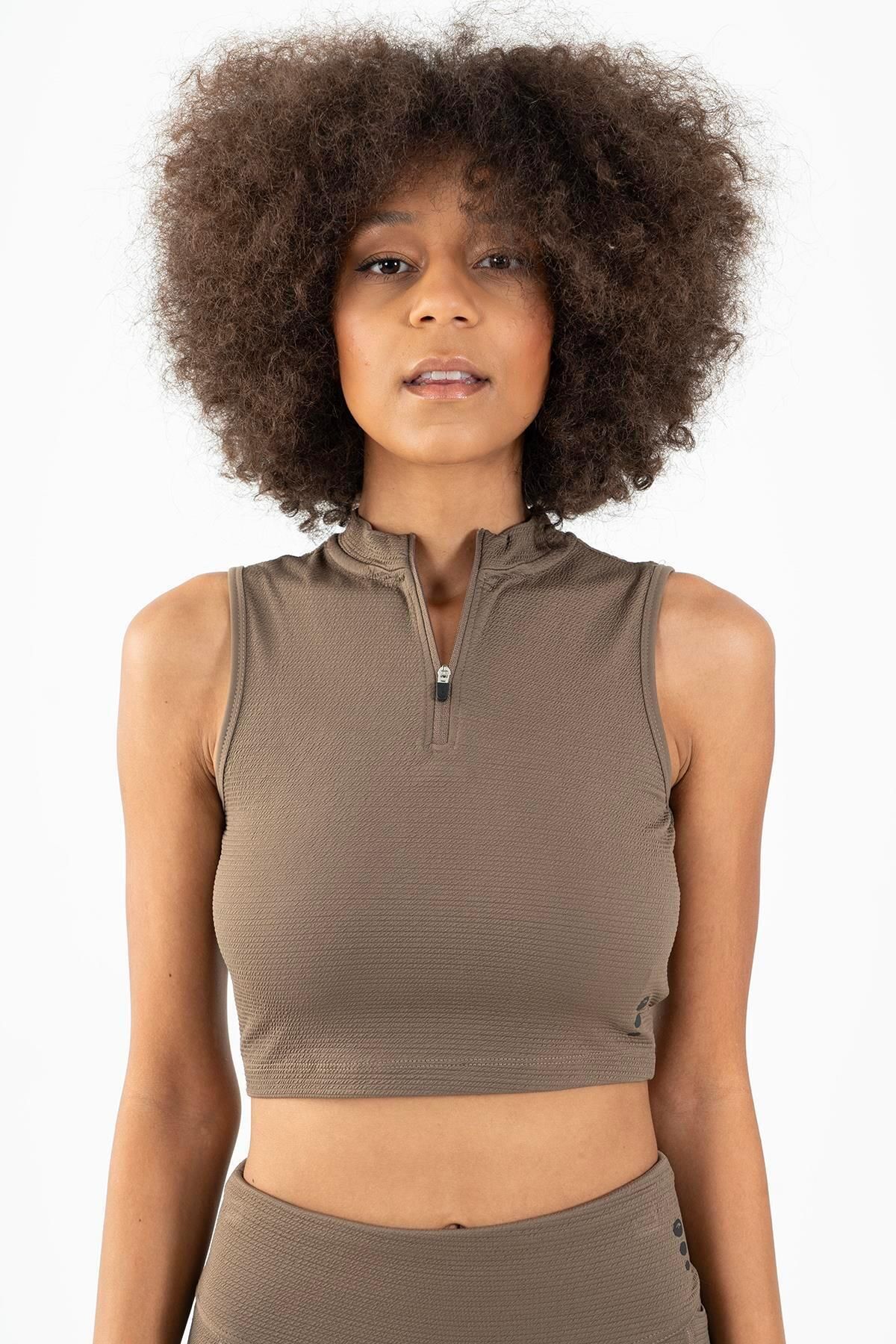 MARATON SlimFit Kadın Balıkçı Yaka Kolsuz Kakao Crop Top 22257