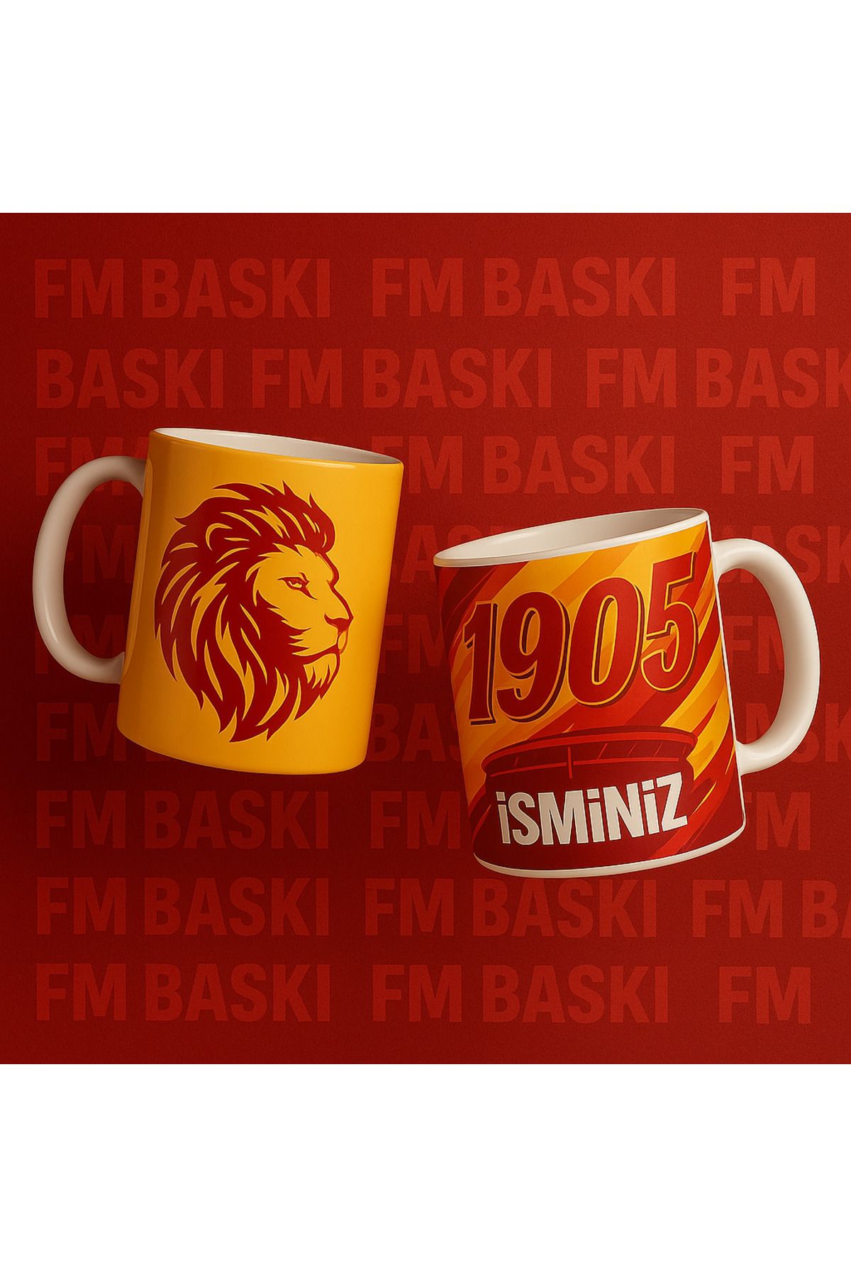 FM BASKI Sarı kırmızı aslan kişiye özel taraftar baskılı kupa bardak