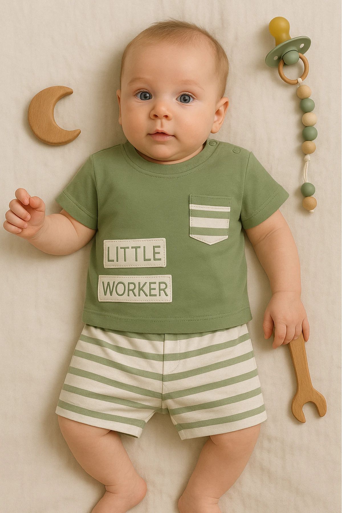 HAVUÇ BEBEK Yazlık Little Worker Baskılı Şortu Çizgili 2’li Bebek Takım