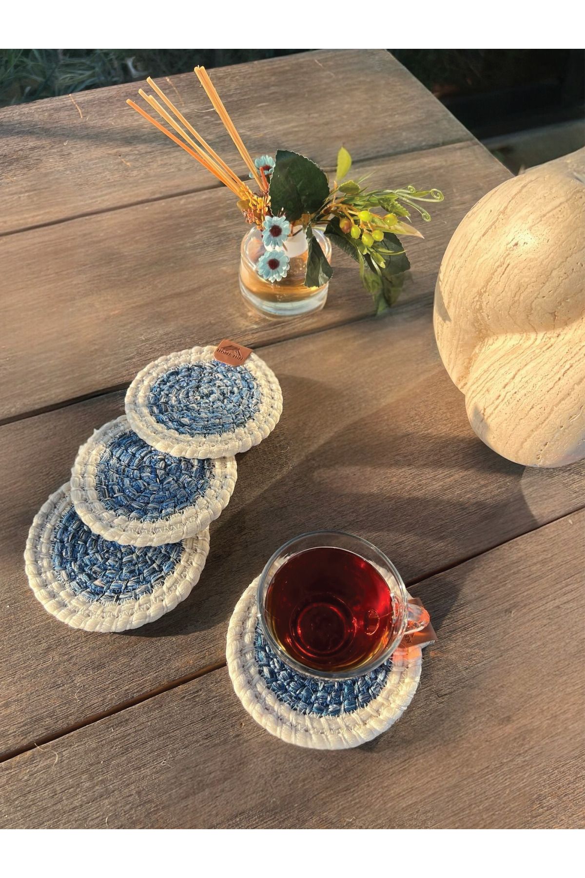 homeınn 4 Adet Yuvarlak Bardak Altlığı- Leke Tutmaz- Beyaz-Mavi 13x13 cm