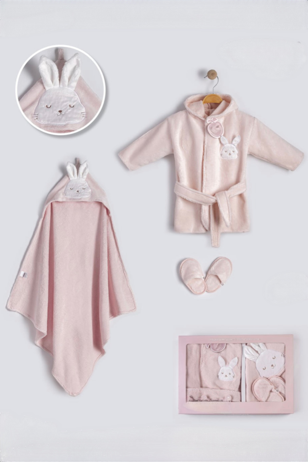 Cherub Baby-Organic Newborn Baby Girl Towel Bathrobe Set with Rabbit Embroidered Hat Organic - Baby Birth Gift 2