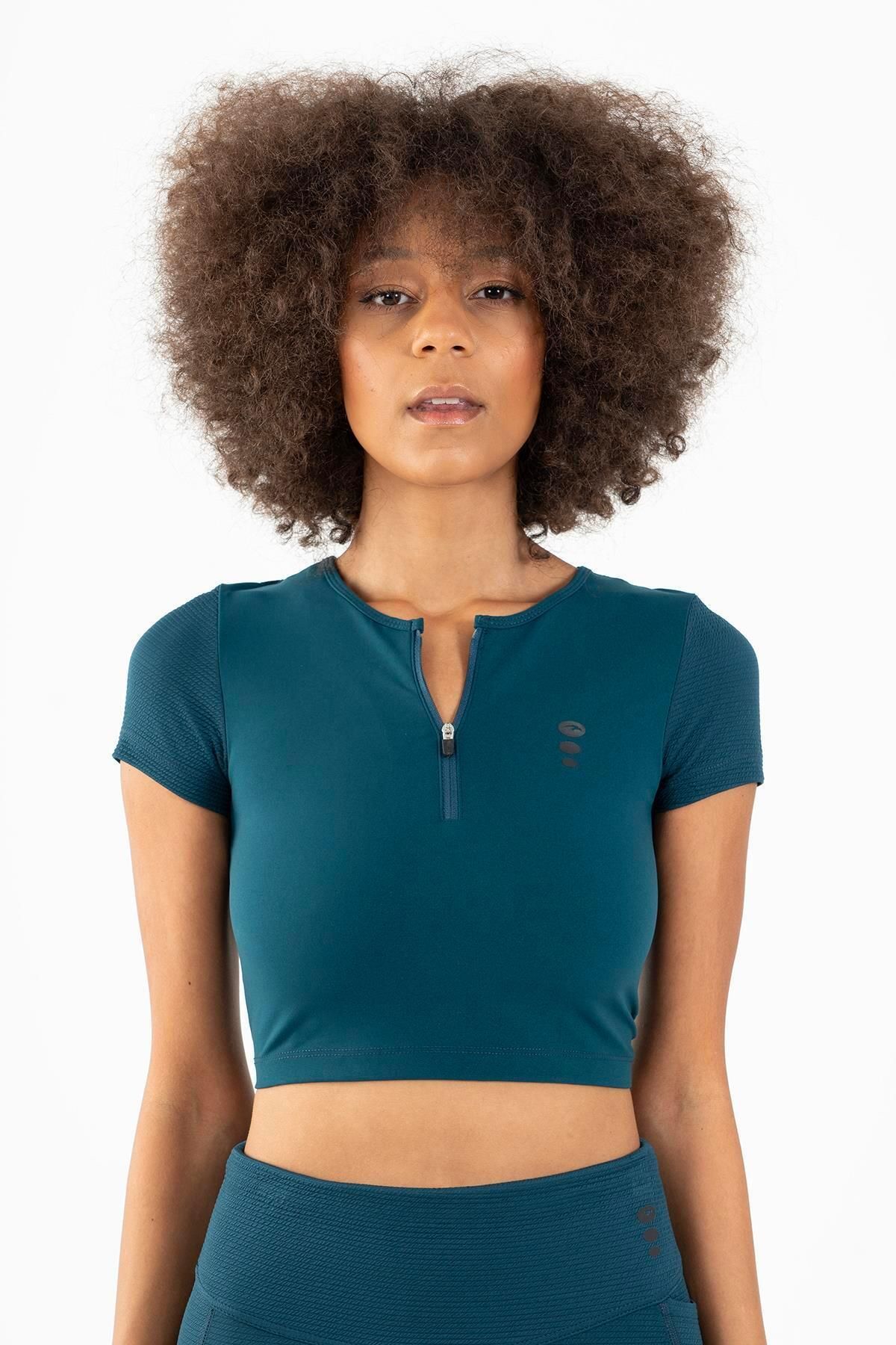 MARATON SlimFit Kadın Bisiklet Yaka Kısa Kol Turkuaz Crop Top 21973