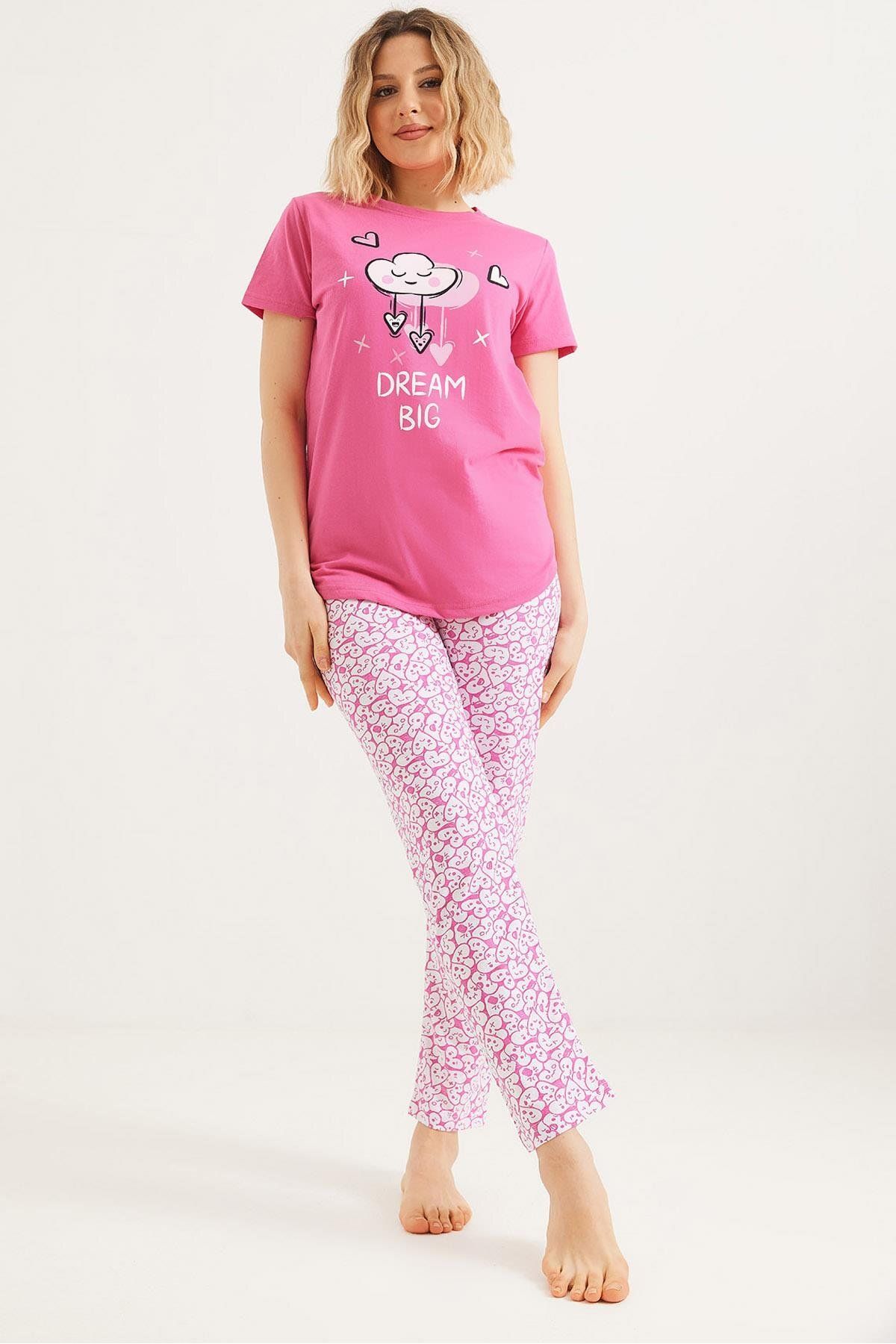 Raneel Kazançlı Alışveriş Baskılı Kısa Kol Pijama Takım Pembe