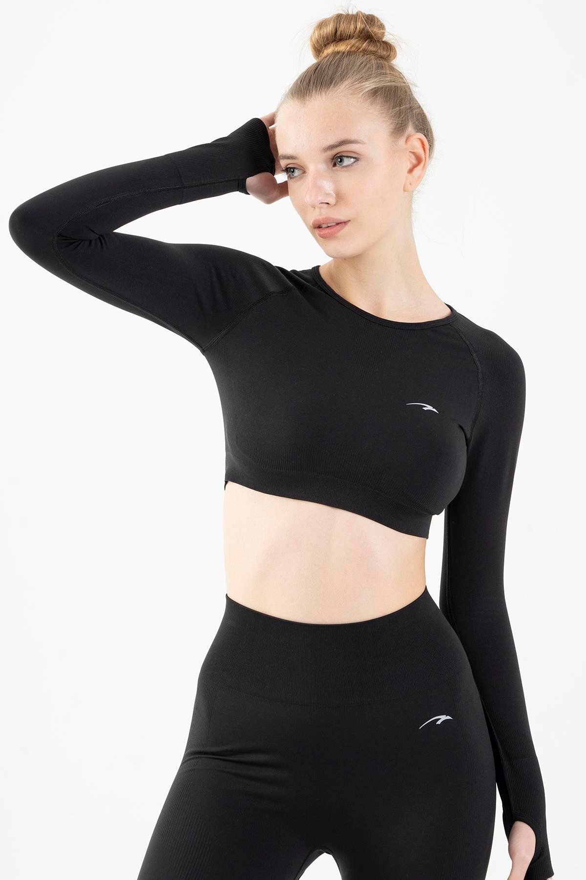 MARATON Active SlimFit Kadın Bisiklet Yaka Uzun Kol Training Siyah Crop Top 816005