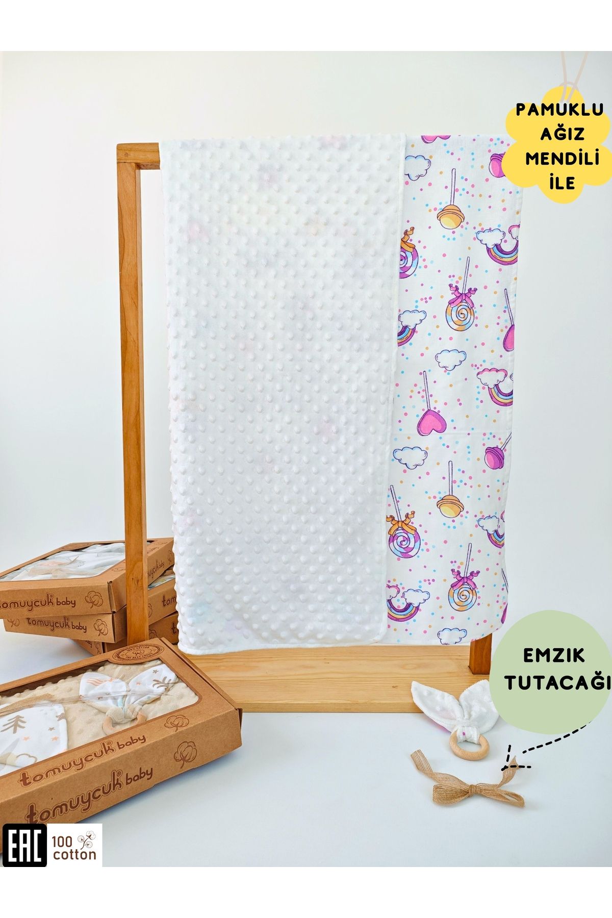 Tomuycuk Nohut Desenli %100 Pamuklu Çift Katlı Bebek Battaniyesi – 85x85 cm Kız/Erkek Kundak & Mevsimlik Örtü